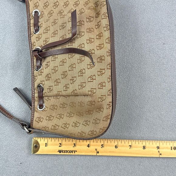 Dooney & Bourke Shoulder Bag DB Monogram Canvas Brown Tan Leather Zip Hobo Purse - Picture 3 of 12